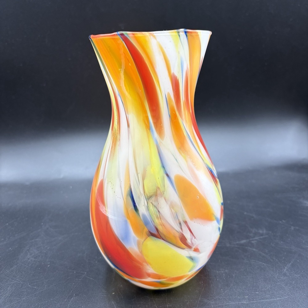MCM Murano Style Art Glass Vase Vintage Hand Blown Rainbow Swirl Home Decor